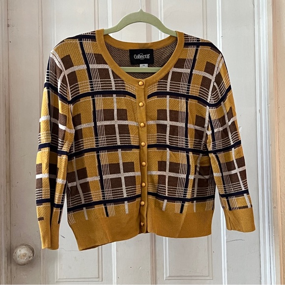 Collectif London Mustard Plaid Sweater, Size 2XL, Cute Pinup Rockabilly Look! - Picture 2 of 6